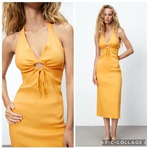 Zara Bloggers Fav Halter Linen Cut Out MIDI Dress Sz X-Small
